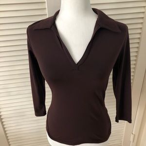 INC Brown Pullover Blouse Top V Neck W Collar S